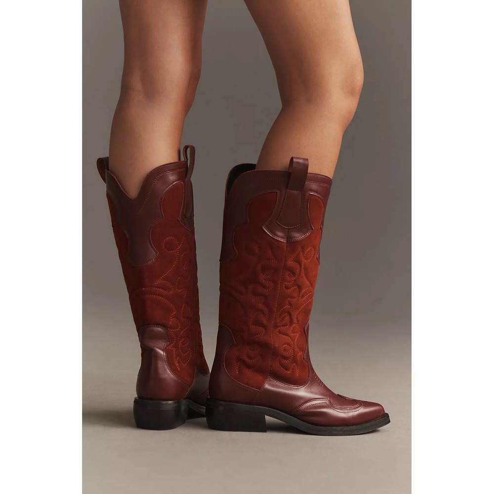 NWT Pilcro Anthropologie Western Red Cowboy Boots EU 39 Leather Suede $280 - Picture 2 of 16